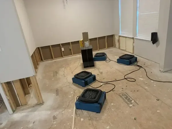 Dehumidifier and air movers drying a hallway wall