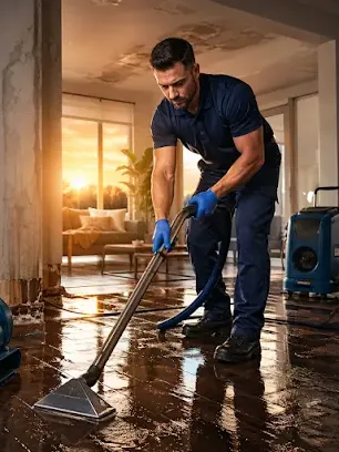 Restoration technician pulling standing water off the floor of a home with extraction equipment