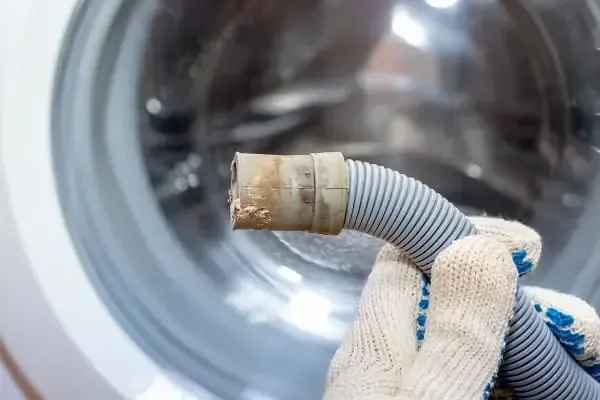A gloved hand holding the worn hose fitting of a washing machine
