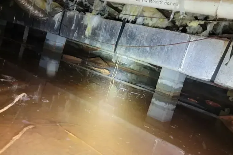Water standing in a crawl space beneath a raised wood floor