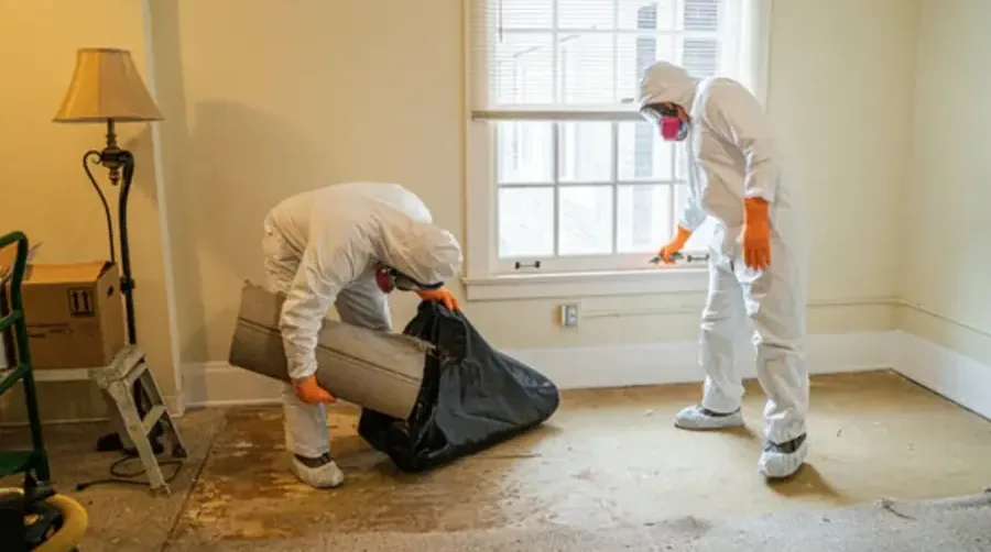 Workers in protective suits cleaning up a Category 3 sewage backup