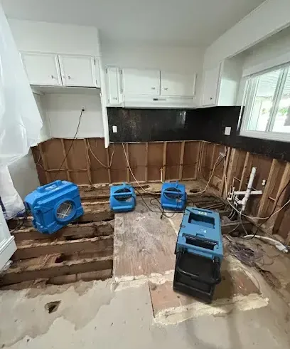 Air movers and a dehumidifier running in an opened kitchen after a leak